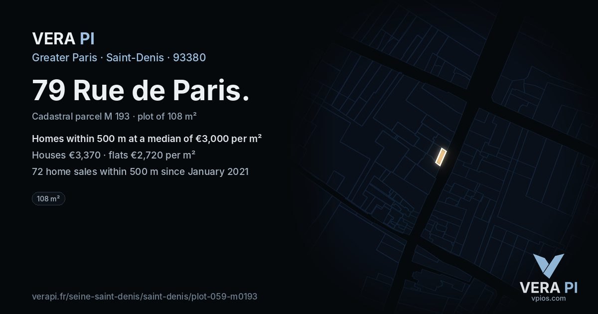79 Rue de Paris, Saint-Denis at night – the plot lit, the parcels around coloured by the prices near them