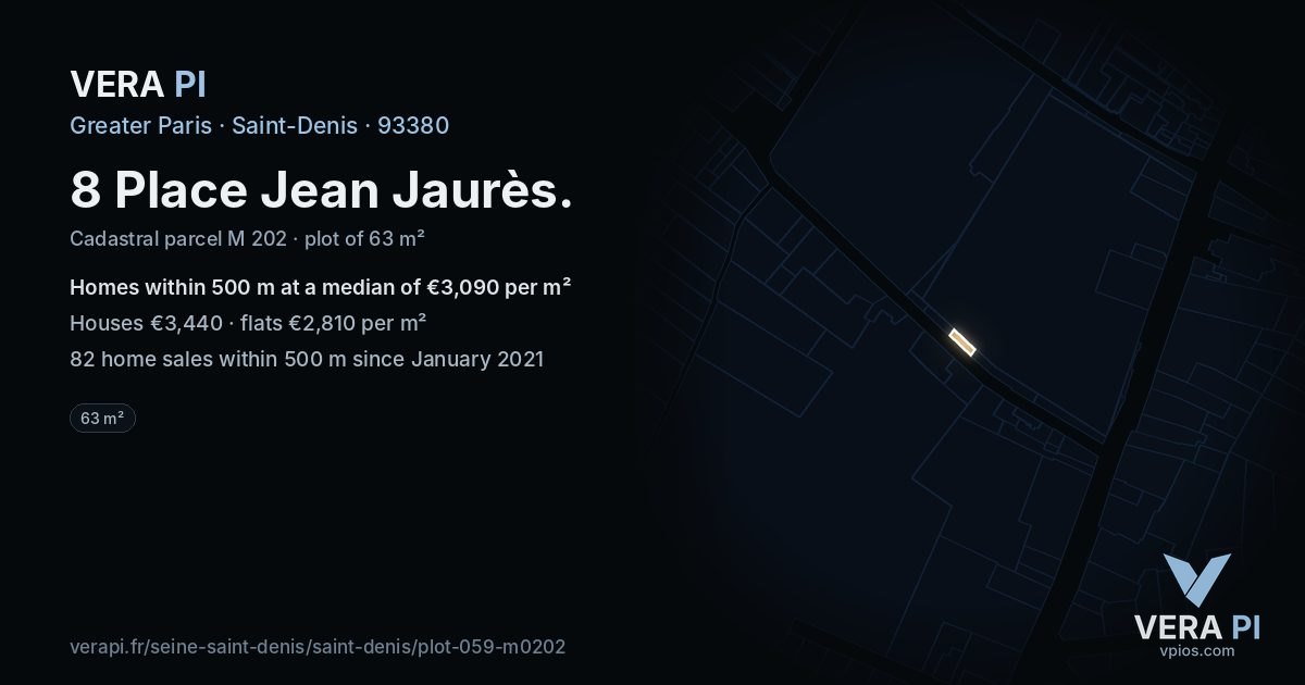 8 Place Jean Jaurès, Saint-Denis at night – the plot lit, the parcels around coloured by the prices near them