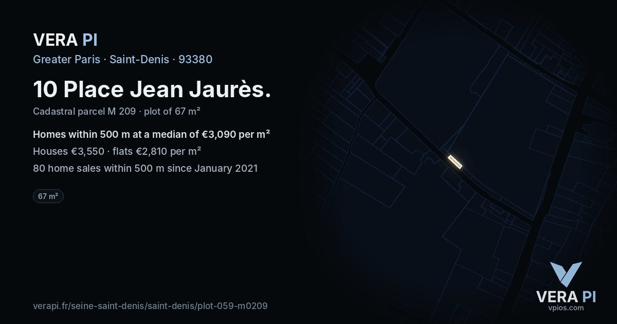10 Place Jean Jaurès, Saint-Denis at night – the plot lit, the parcels around coloured by the prices near them