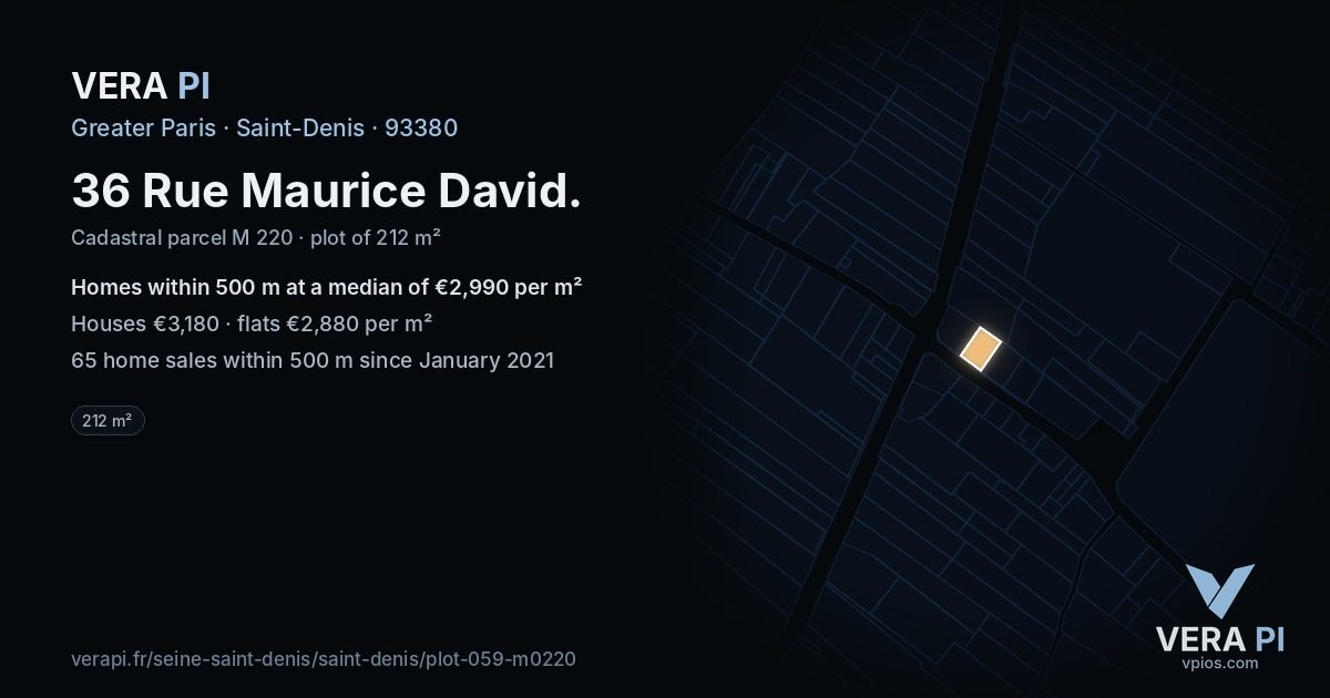36 Rue Maurice David, Saint-Denis at night – the plot lit, the parcels around coloured by the prices near them