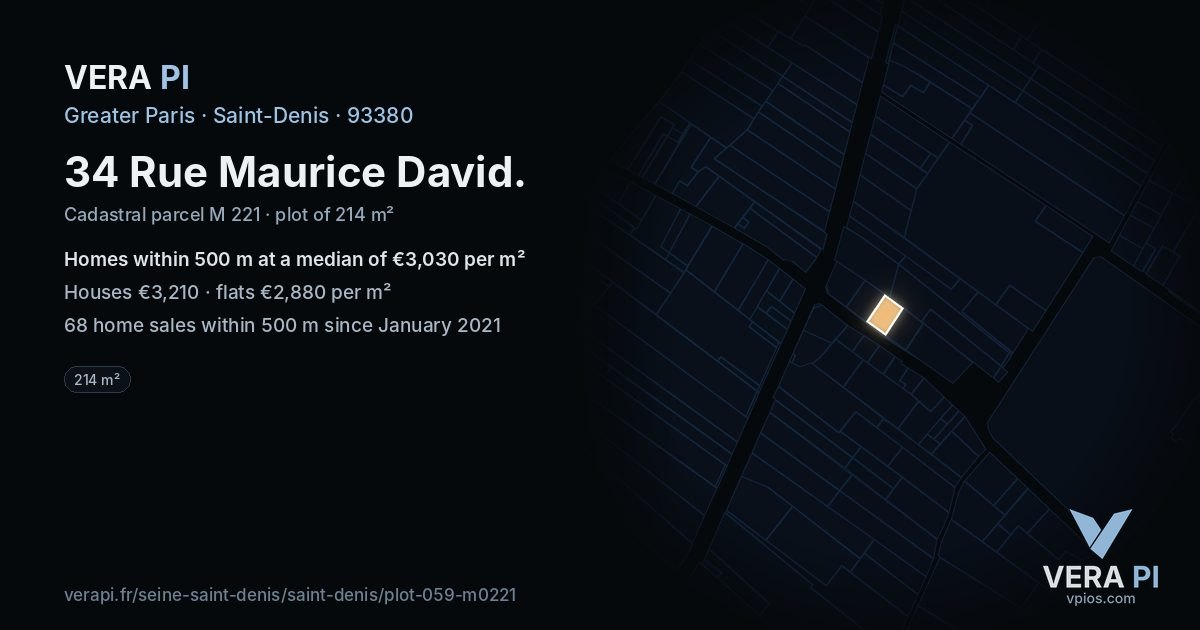 34 Rue Maurice David, Saint-Denis at night – the plot lit, the parcels around coloured by the prices near them