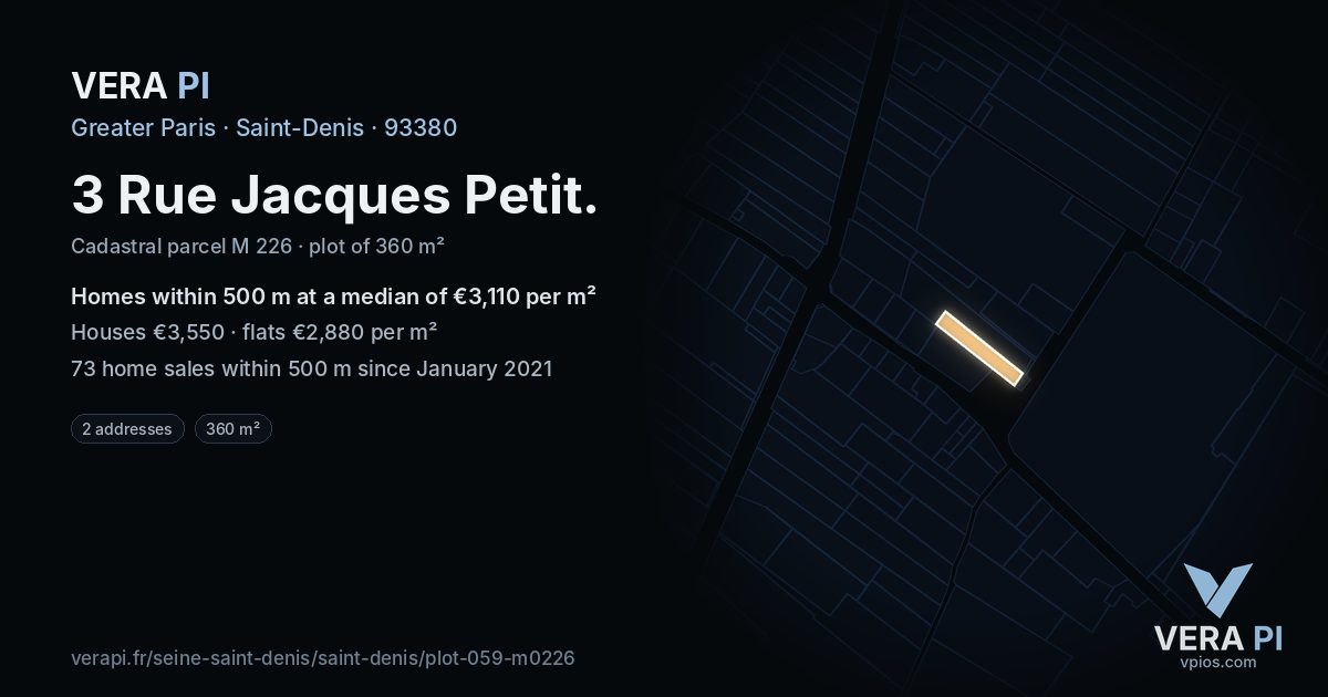 3 Rue Jacques Petit, Saint-Denis at night – the plot lit, the parcels around coloured by the prices near them