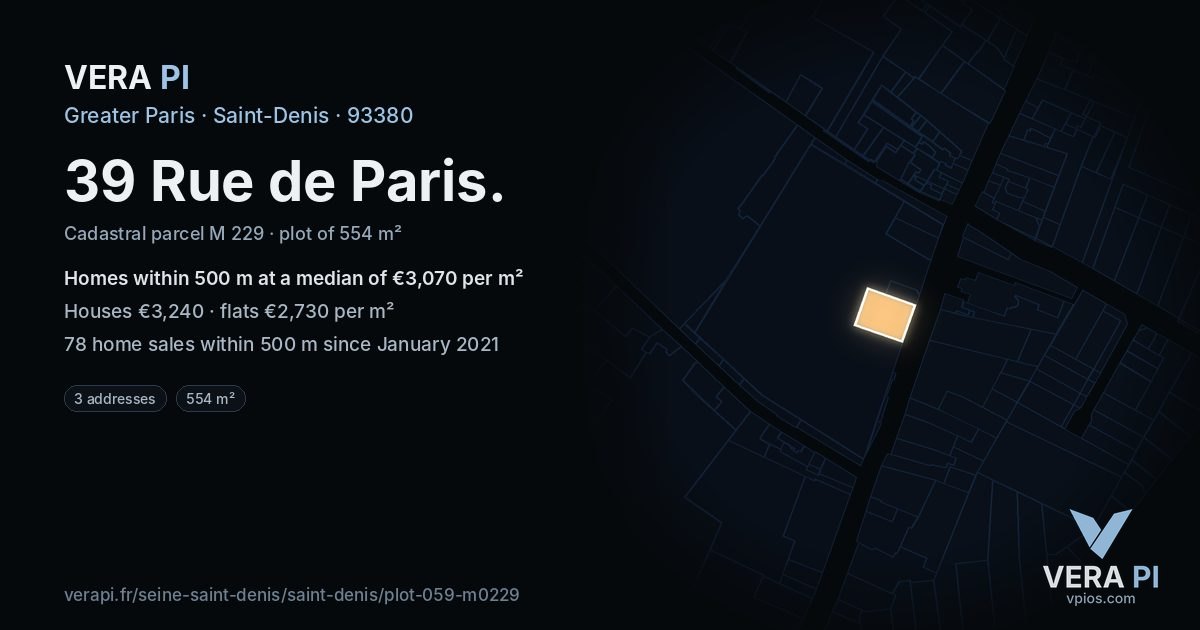 39 Rue de Paris, Saint-Denis at night – the plot lit, the parcels around coloured by the prices near them
