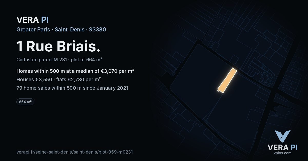 1 Rue Briais, Saint-Denis at night – the plot lit, the parcels around coloured by the prices near them