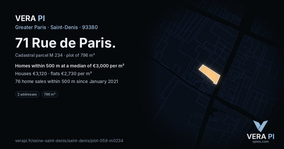 71 Rue de Paris, Saint-Denis at night – the plot lit, the parcels around coloured by the prices near them