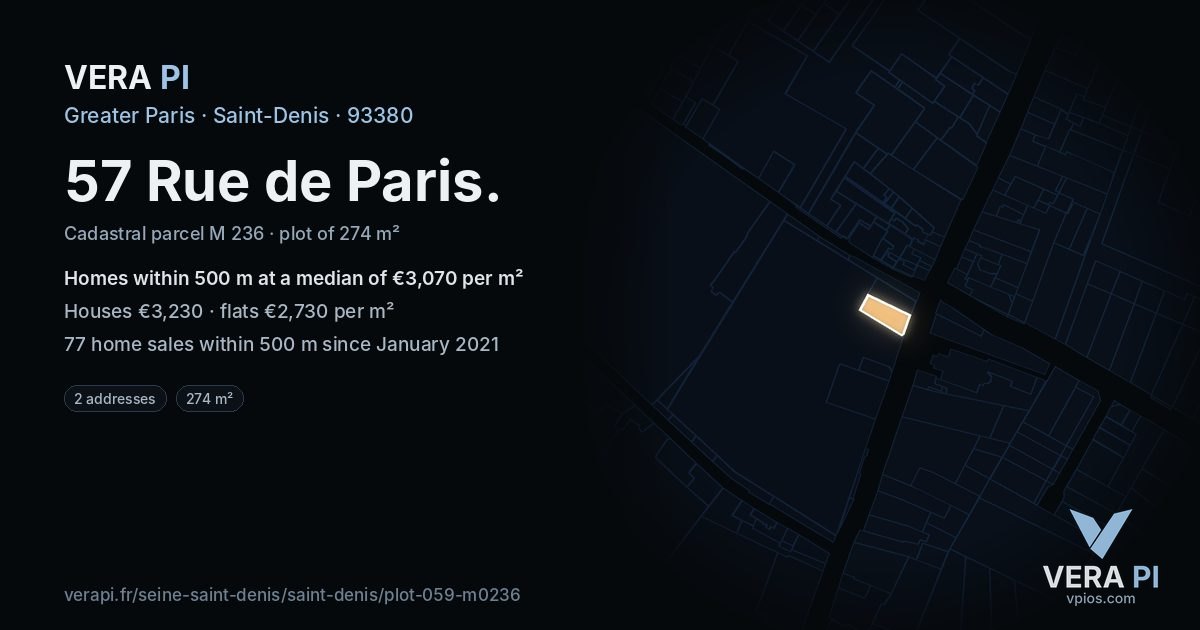 57 Rue de Paris, Saint-Denis at night – the plot lit, the parcels around coloured by the prices near them