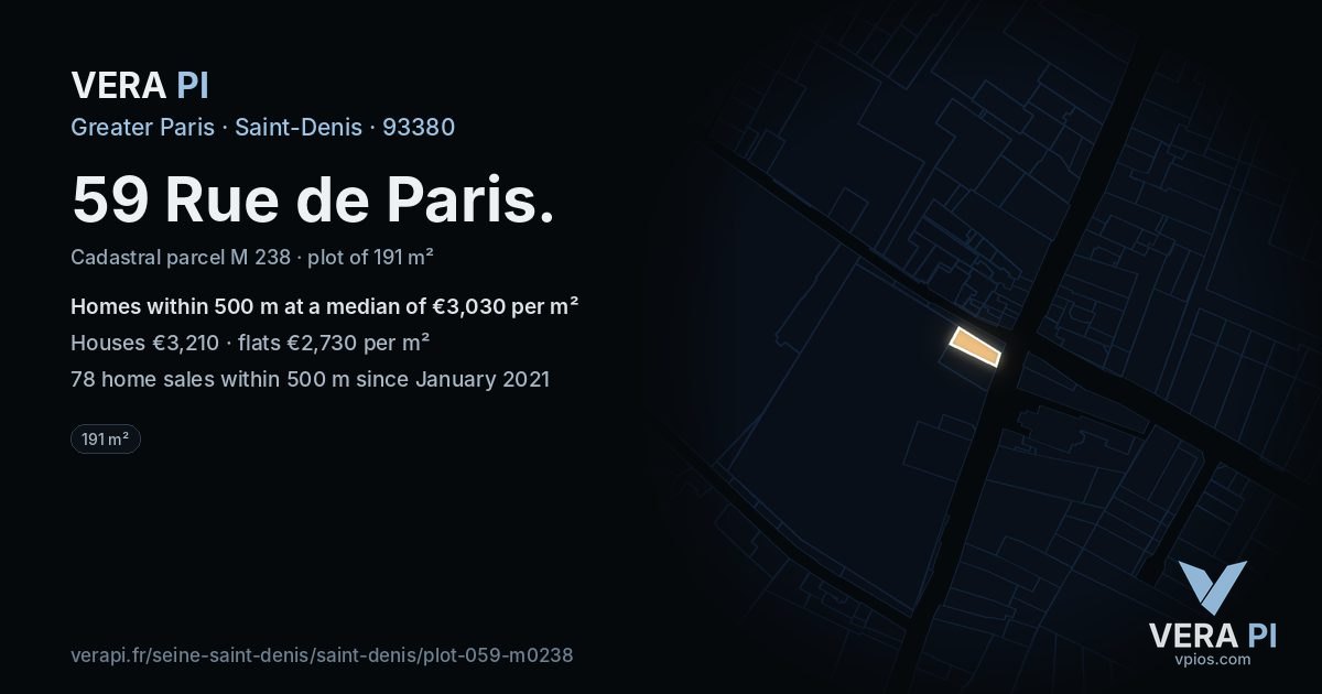 59 Rue de Paris, Saint-Denis at night – the plot lit, the parcels around coloured by the prices near them