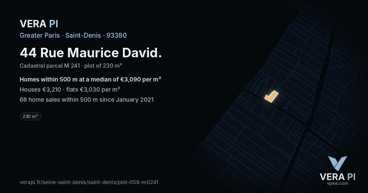 44 Rue Maurice David, Saint-Denis at night – the plot lit, the parcels around coloured by the prices near them