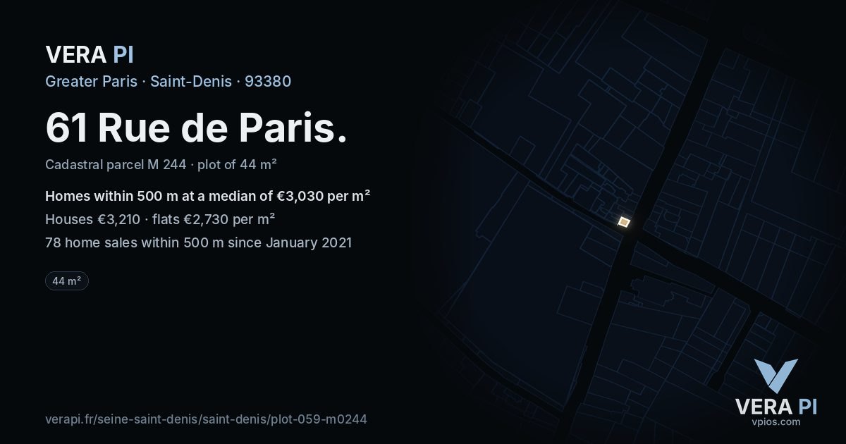 61 Rue de Paris, Saint-Denis at night – the plot lit, the parcels around coloured by the prices near them