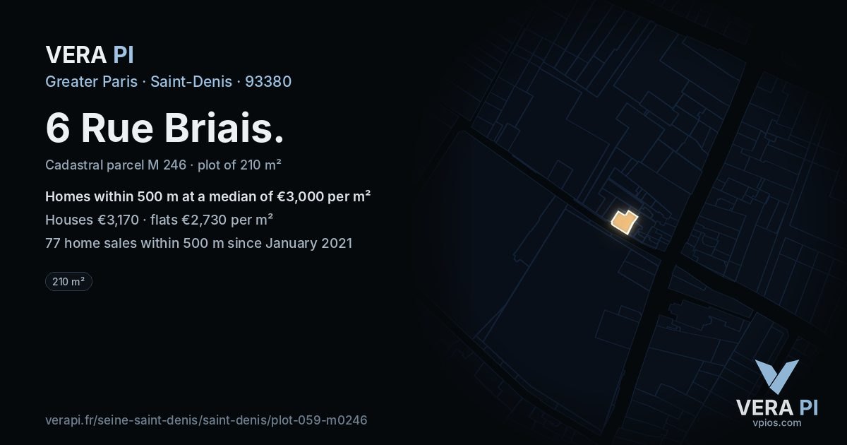 6 Rue Briais, Saint-Denis at night – the plot lit, the parcels around coloured by the prices near them