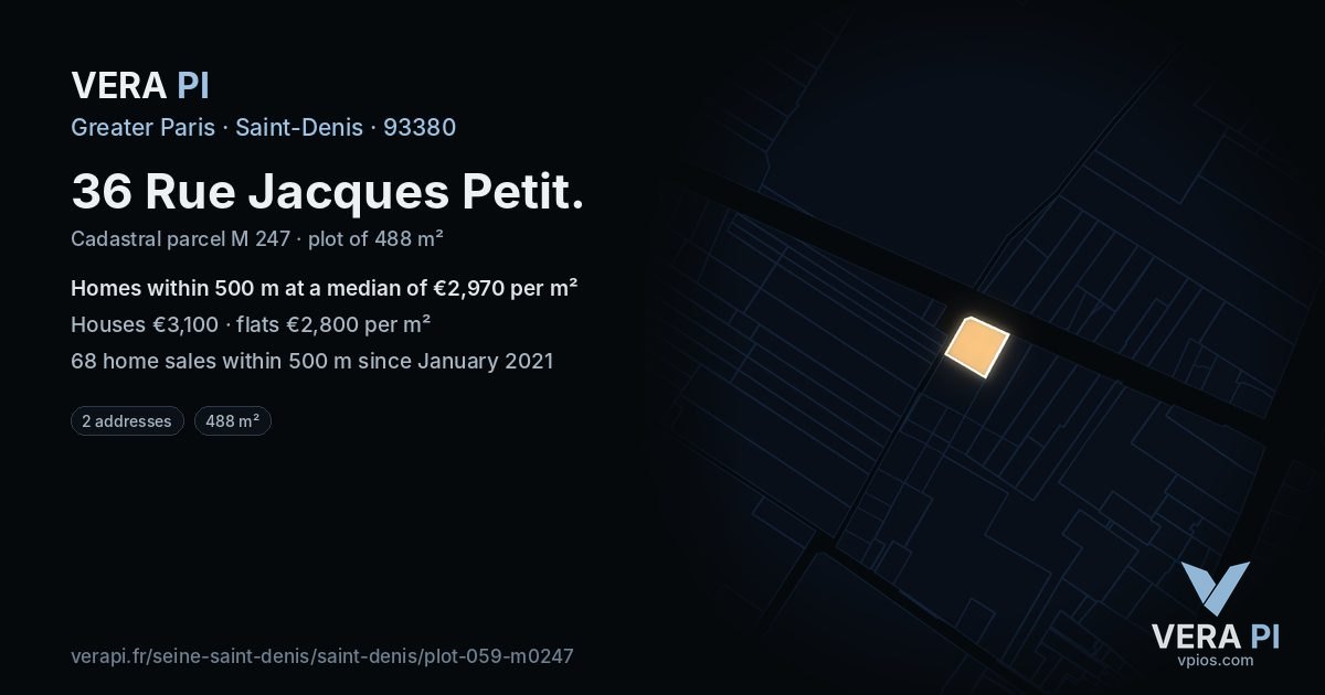 36 Rue Jacques Petit, Saint-Denis at night – the plot lit, the parcels around coloured by the prices near them