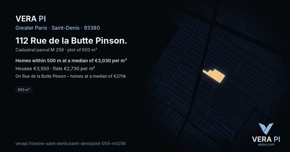 112 Rue de la Butte Pinson, Saint-Denis at night – the plot lit, the parcels around coloured by the prices near them