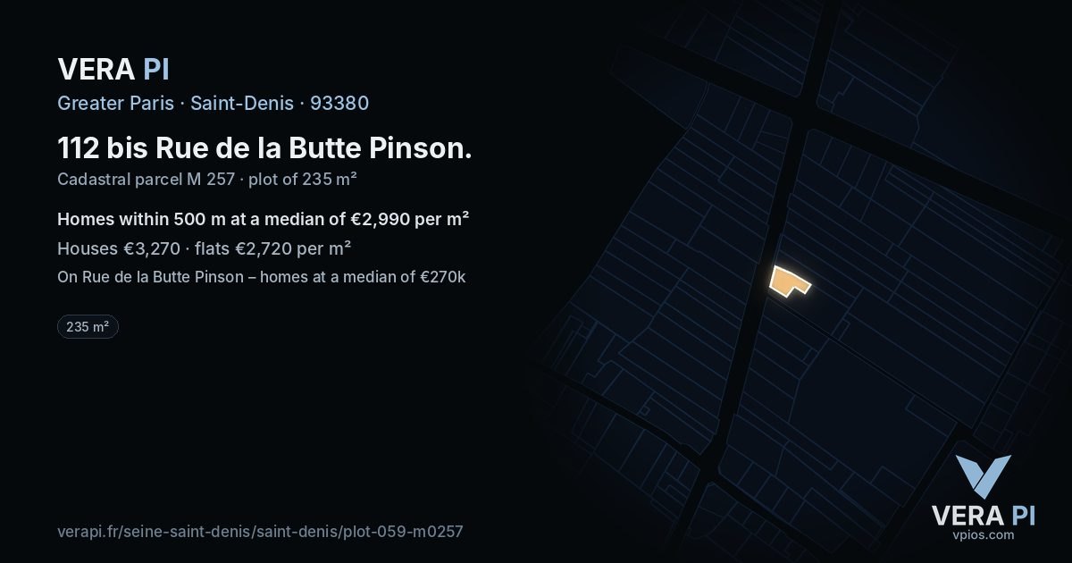 112 bis Rue de la Butte Pinson, Saint-Denis at night – the plot lit, the parcels around coloured by the prices near them