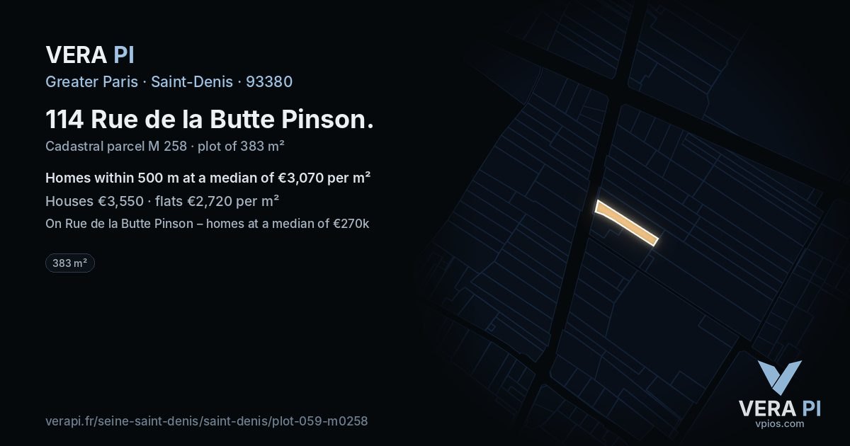 114 Rue de la Butte Pinson, Saint-Denis at night – the plot lit, the parcels around coloured by the prices near them