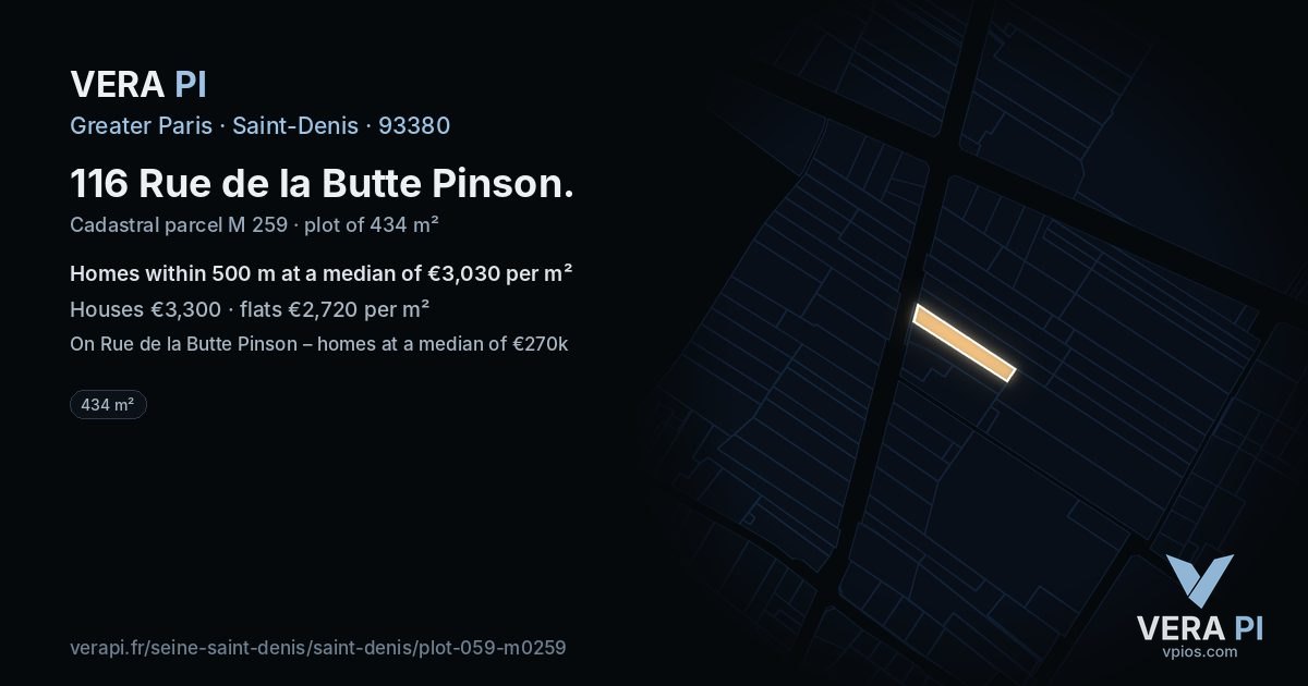 116 Rue de la Butte Pinson, Saint-Denis at night – the plot lit, the parcels around coloured by the prices near them