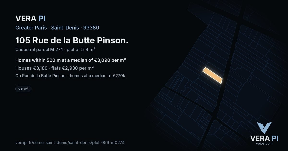 105 Rue de la Butte Pinson, Saint-Denis at night – the plot lit, the parcels around coloured by the prices near them