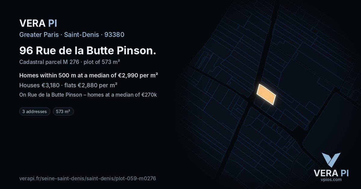 96 Rue de la Butte Pinson, Saint-Denis at night – the plot lit, the parcels around coloured by the prices near them