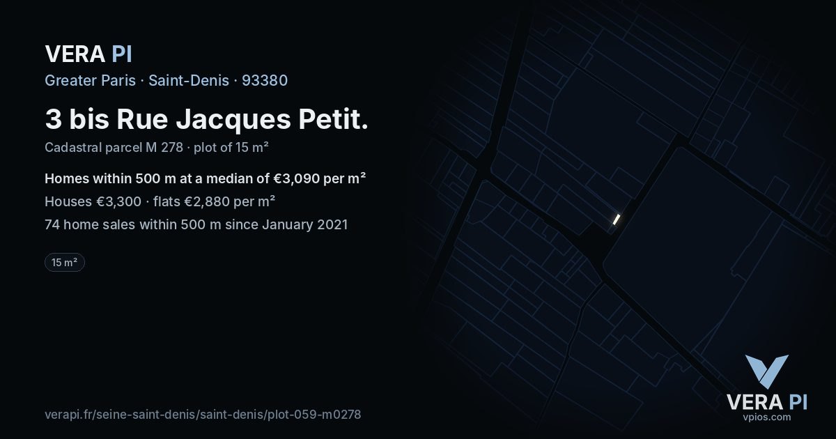 3 bis Rue Jacques Petit, Saint-Denis at night – the plot lit, the parcels around coloured by the prices near them