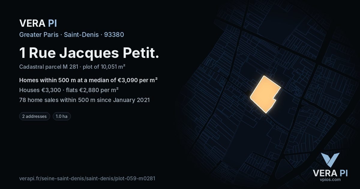 1 Rue Jacques Petit, Saint-Denis at night – the plot lit, the parcels around coloured by the prices near them