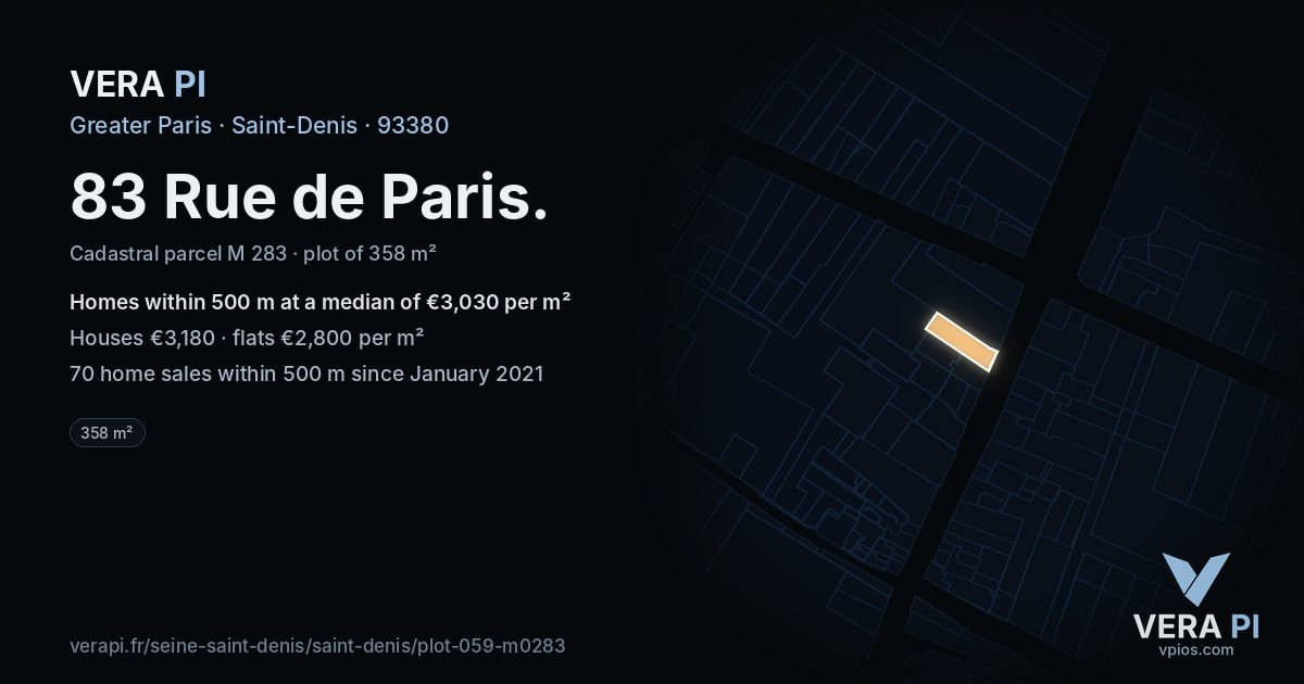 83 Rue de Paris, Saint-Denis at night – the plot lit, the parcels around coloured by the prices near them