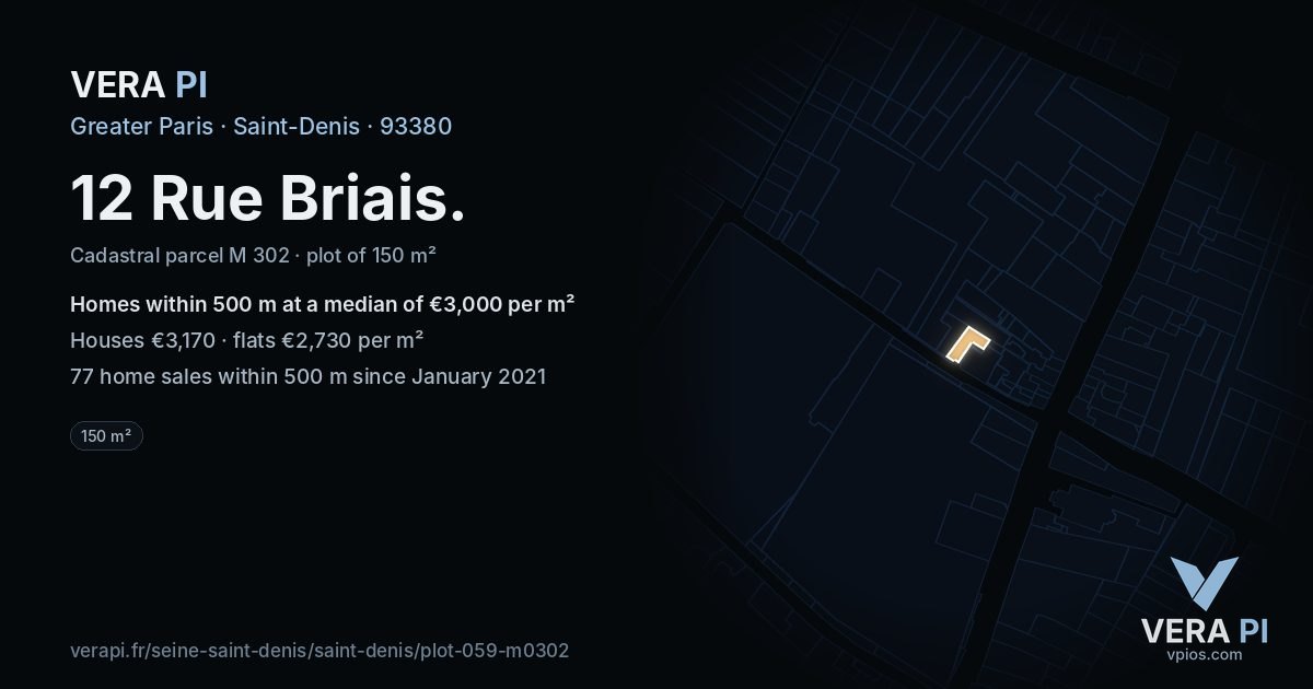 12 Rue Briais, Saint-Denis at night – the plot lit, the parcels around coloured by the prices near them