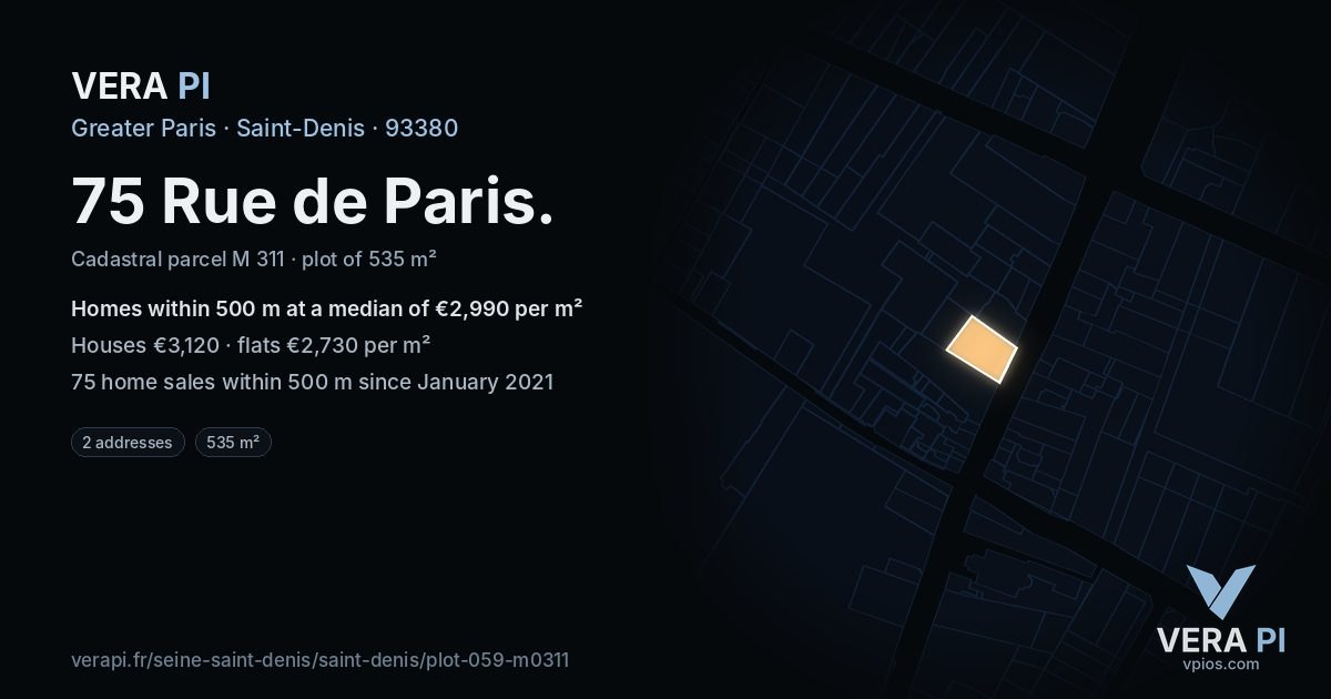 75 Rue de Paris, Saint-Denis at night – the plot lit, the parcels around coloured by the prices near them