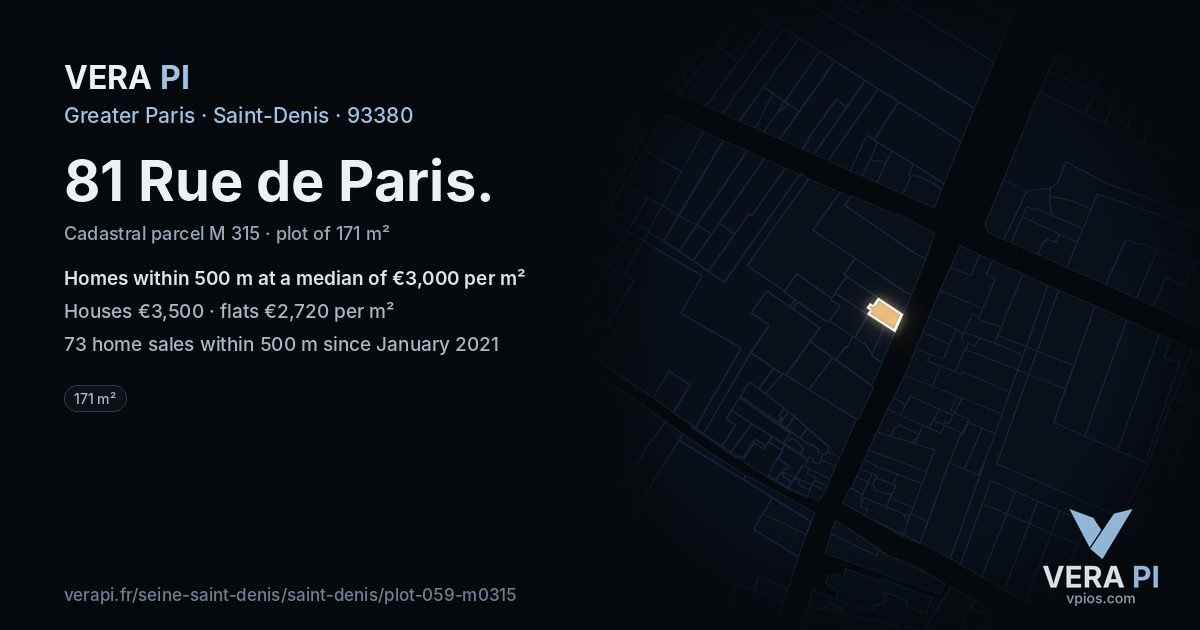 81 Rue de Paris, Saint-Denis at night – the plot lit, the parcels around coloured by the prices near them
