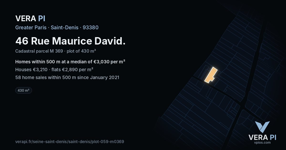 46 Rue Maurice David, Saint-Denis at night – the plot lit, the parcels around coloured by the prices near them