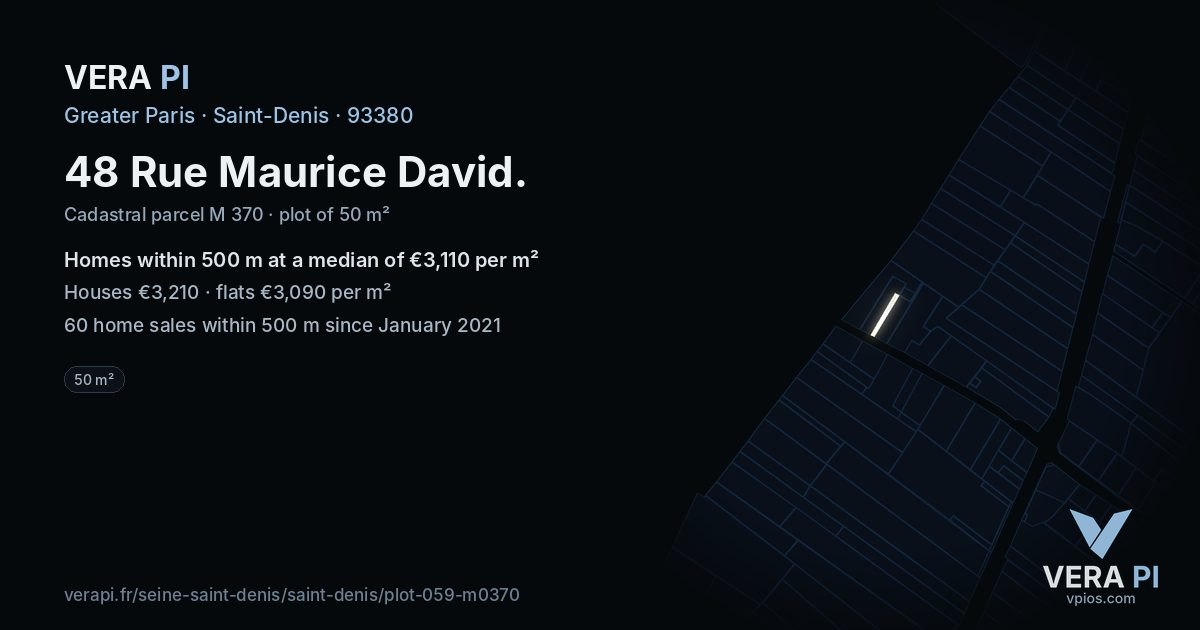 48 Rue Maurice David, Saint-Denis at night – the plot lit, the parcels around coloured by the prices near them