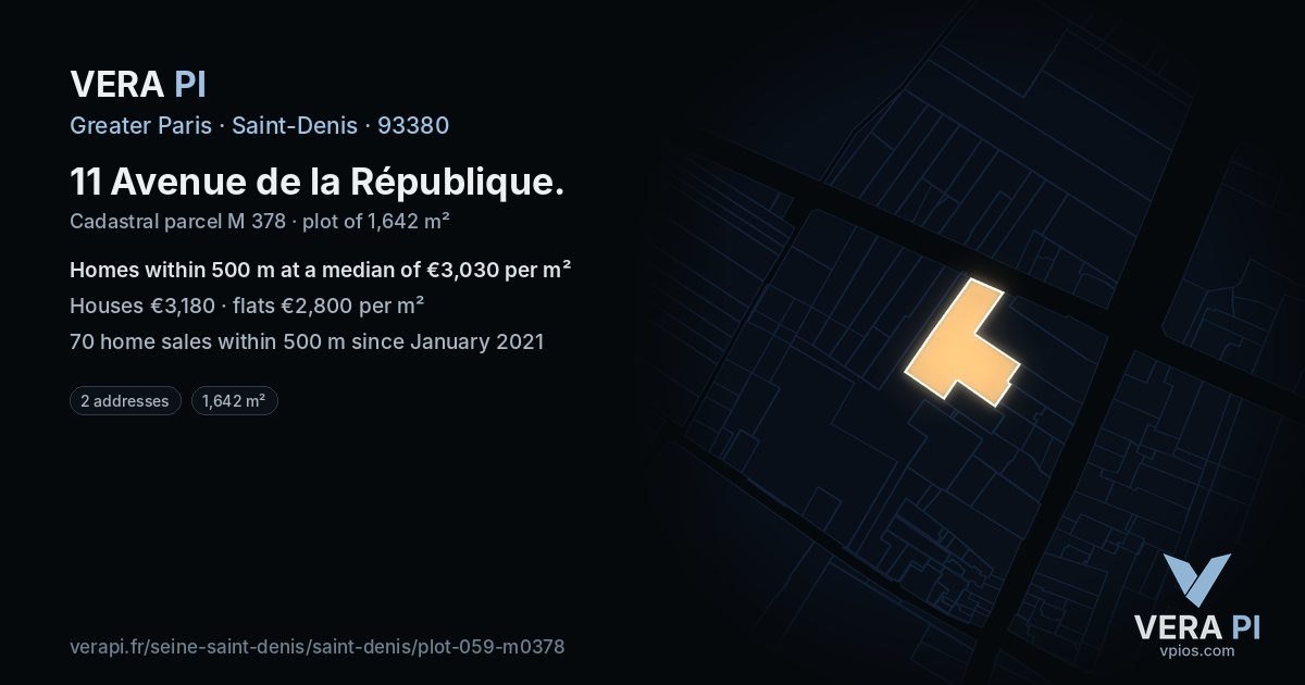 11 Avenue de la République, Saint-Denis at night – the plot lit, the parcels around coloured by the prices near them