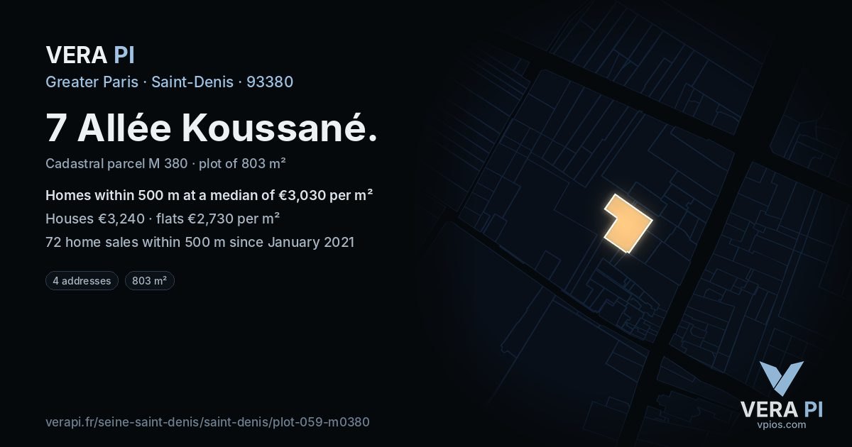 7 Allée Koussané, Saint-Denis at night – the plot lit, the parcels around coloured by the prices near them
