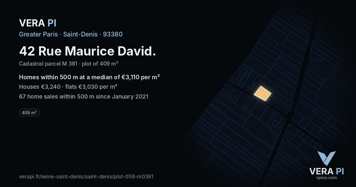 42 Rue Maurice David, Saint-Denis at night – the plot lit, the parcels around coloured by the prices near them