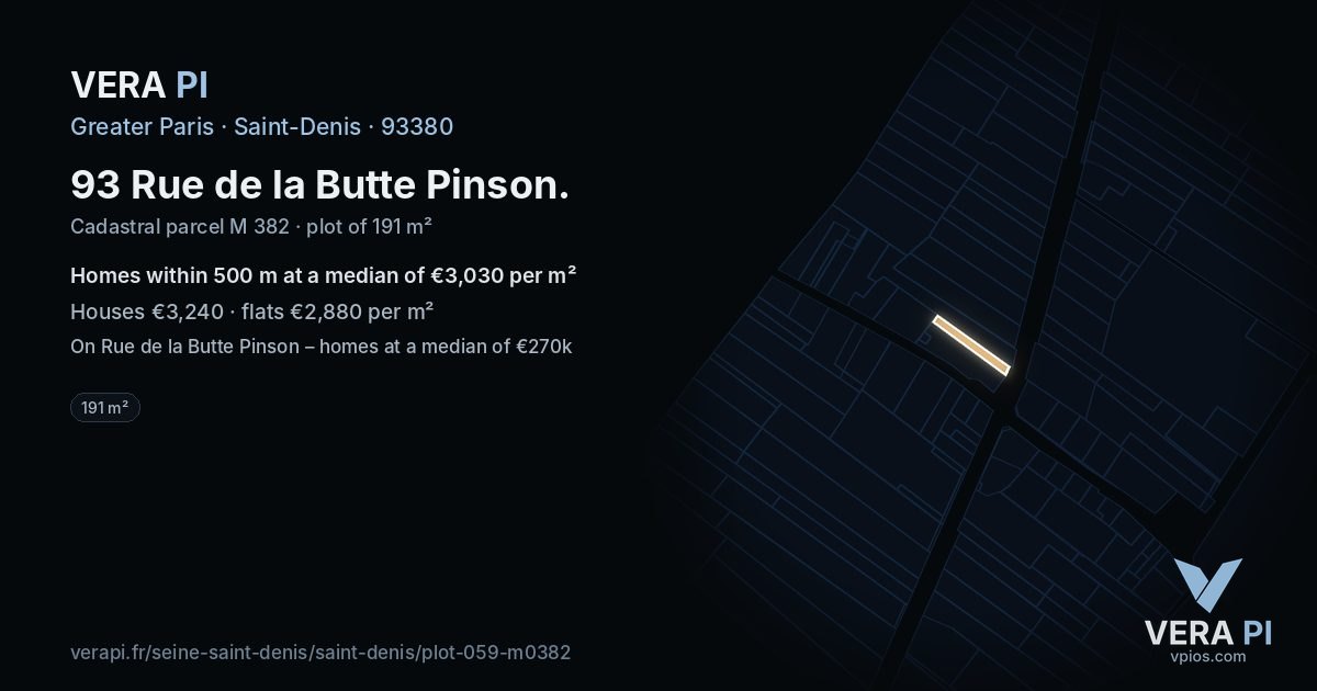 93 Rue de la Butte Pinson, Saint-Denis at night – the plot lit, the parcels around coloured by the prices near them