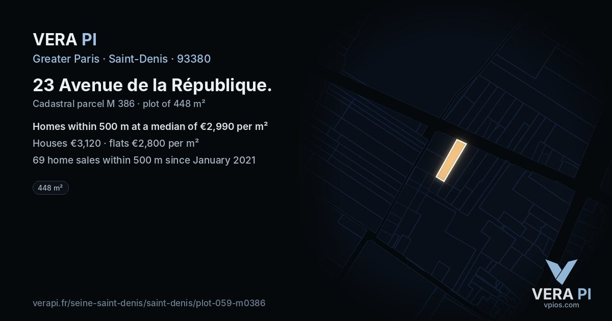 23 Avenue de la République, Saint-Denis at night – the plot lit, the parcels around coloured by the prices near them