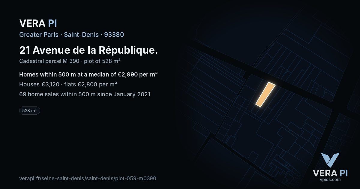 21 Avenue de la République, Saint-Denis at night – the plot lit, the parcels around coloured by the prices near them