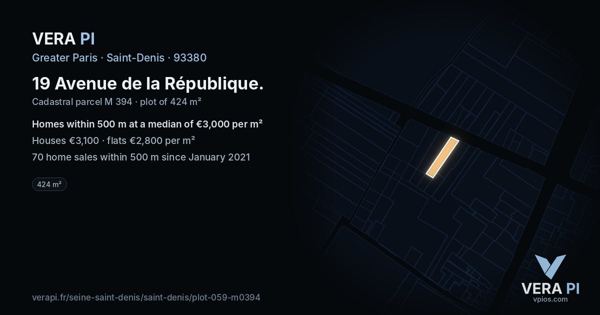 19 Avenue de la République, Saint-Denis at night – the plot lit, the parcels around coloured by the prices near them