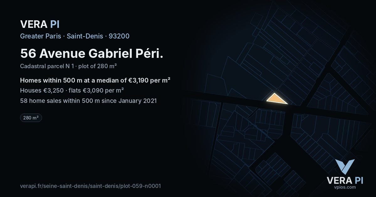 56 Avenue Gabriel Péri, Saint-Denis at night – the plot lit, the parcels around coloured by the prices near them