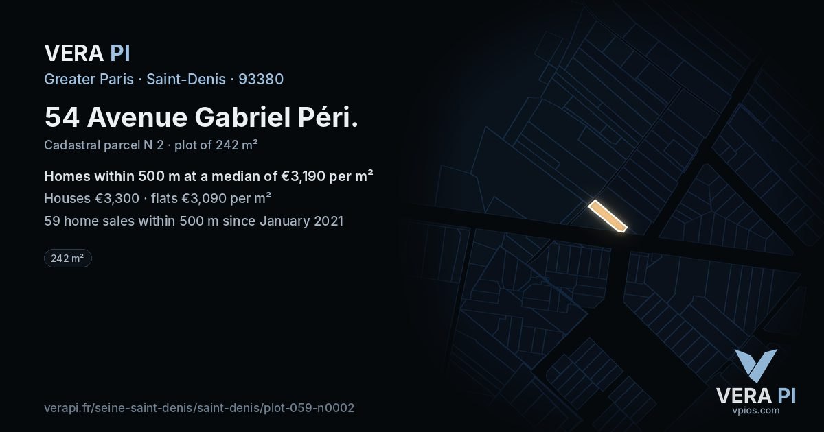 54 Avenue Gabriel Péri, Saint-Denis at night – the plot lit, the parcels around coloured by the prices near them