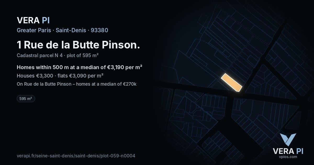 1 Rue de la Butte Pinson, Saint-Denis at night – the plot lit, the parcels around coloured by the prices near them