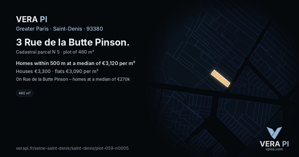 3 Rue de la Butte Pinson, Saint-Denis at night – the plot lit, the parcels around coloured by the prices near them