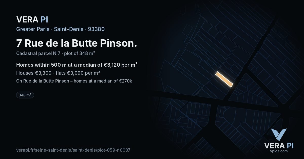 7 Rue de la Butte Pinson, Saint-Denis at night – the plot lit, the parcels around coloured by the prices near them