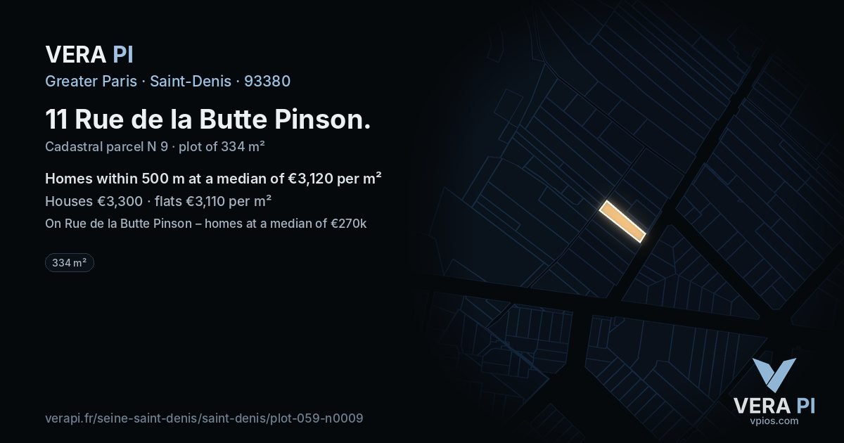 11 Rue de la Butte Pinson, Saint-Denis at night – the plot lit, the parcels around coloured by the prices near them