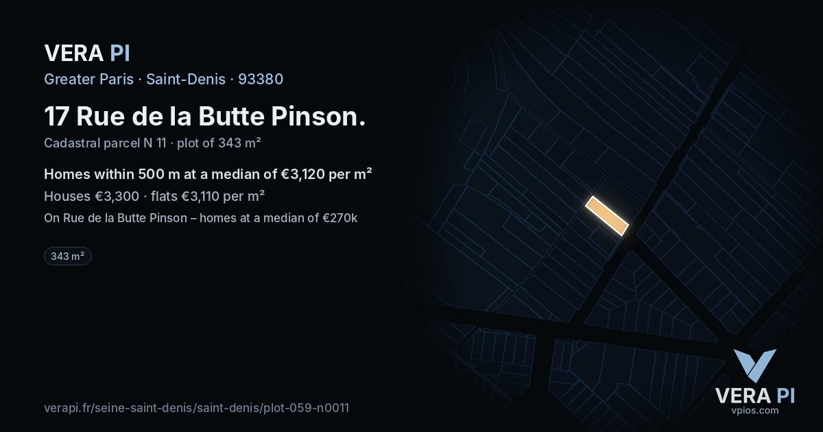 17 Rue de la Butte Pinson, Saint-Denis at night – the plot lit, the parcels around coloured by the prices near them