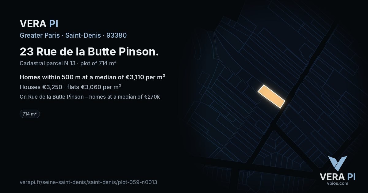 23 Rue de la Butte Pinson, Saint-Denis at night – the plot lit, the parcels around coloured by the prices near them