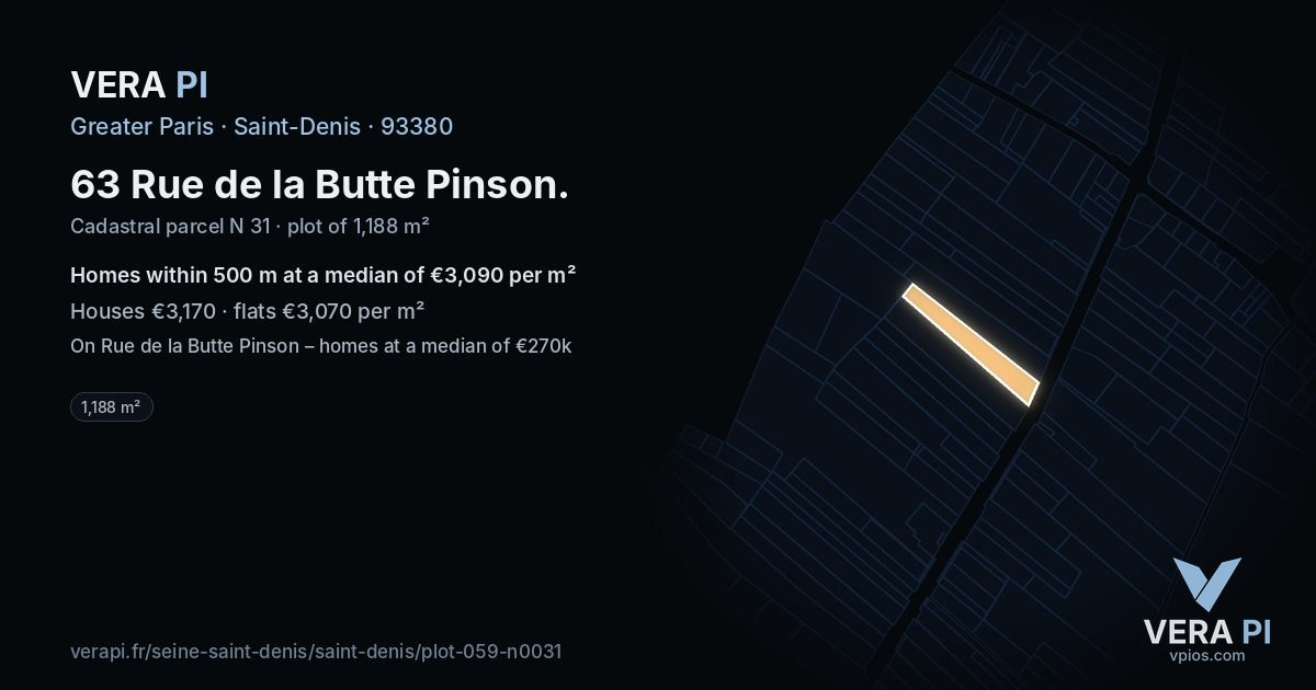 63 Rue de la Butte Pinson, Saint-Denis at night – the plot lit, the parcels around coloured by the prices near them