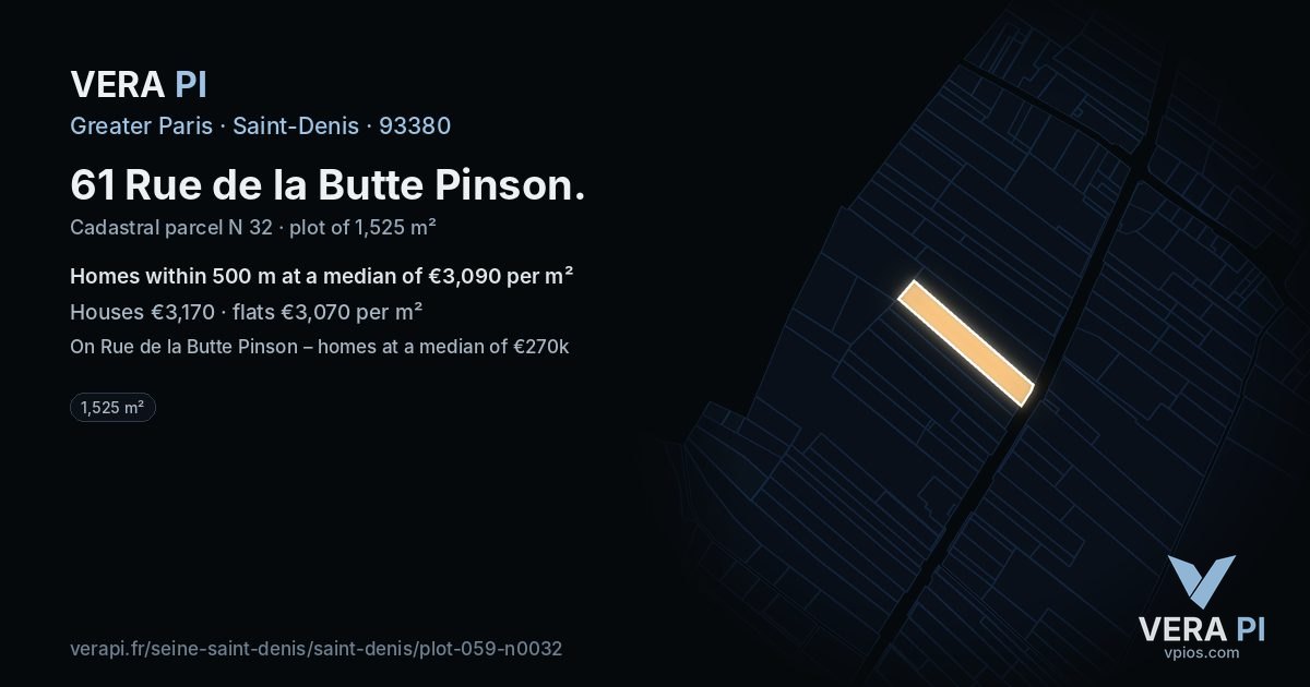 61 Rue de la Butte Pinson, Saint-Denis at night – the plot lit, the parcels around coloured by the prices near them