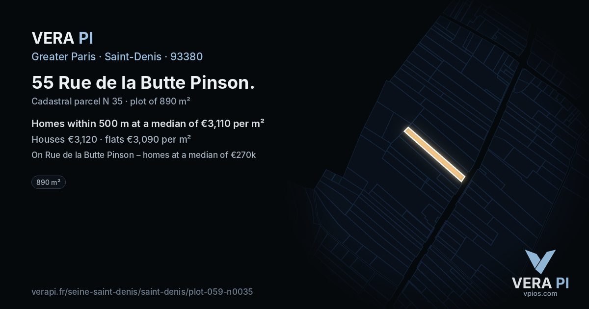 55 Rue de la Butte Pinson, Saint-Denis at night – the plot lit, the parcels around coloured by the prices near them