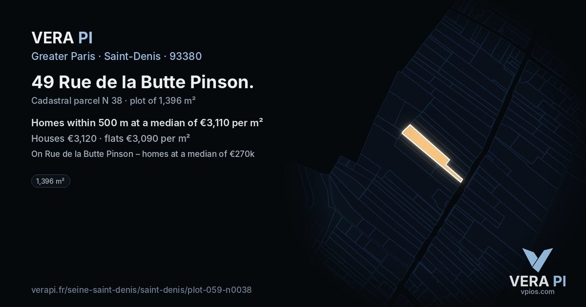 49 Rue de la Butte Pinson, Saint-Denis at night – the plot lit, the parcels around coloured by the prices near them
