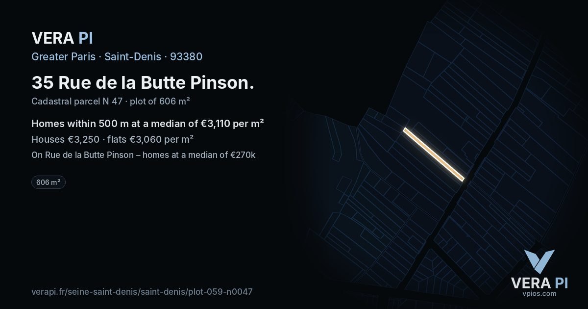 35 Rue de la Butte Pinson, Saint-Denis at night – the plot lit, the parcels around coloured by the prices near them