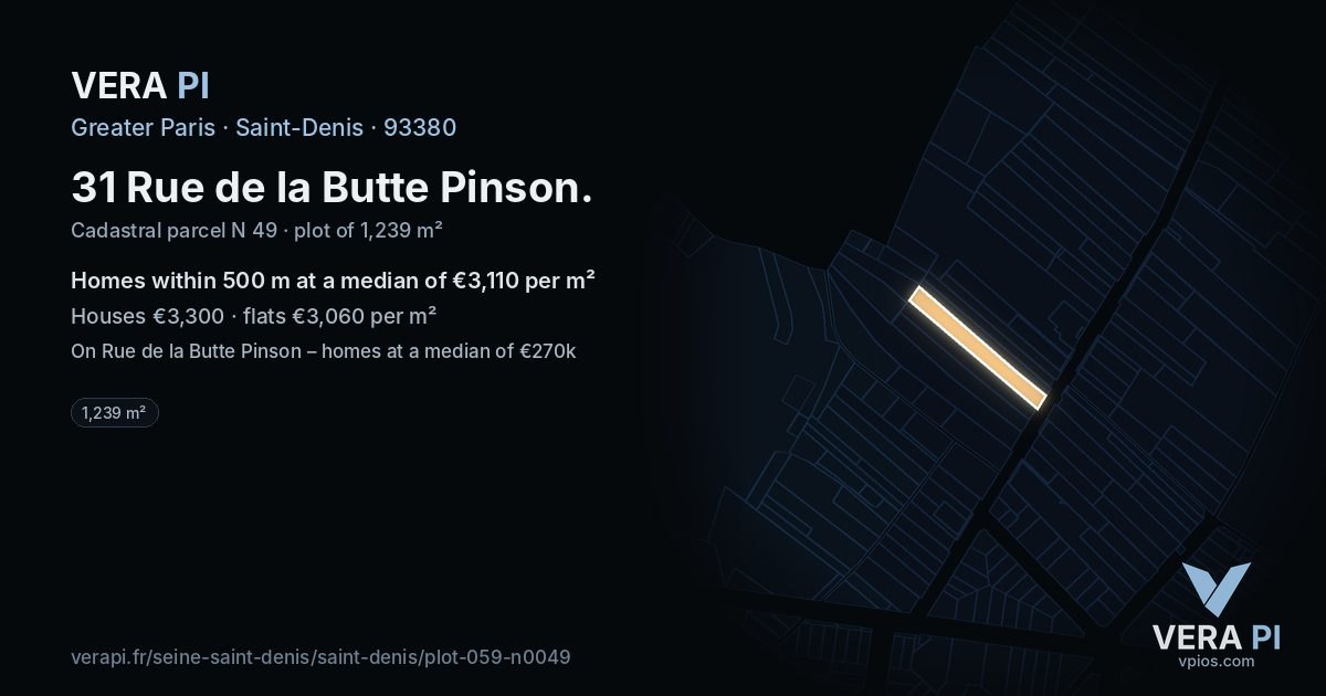 31 Rue de la Butte Pinson, Saint-Denis at night – the plot lit, the parcels around coloured by the prices near them